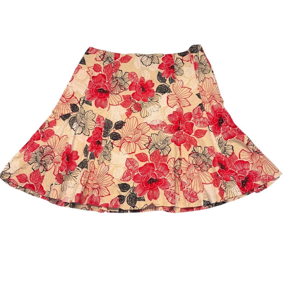 New York & Company Red Floral Cotton A-Line Skirt Size 16 Tan Black Botanical